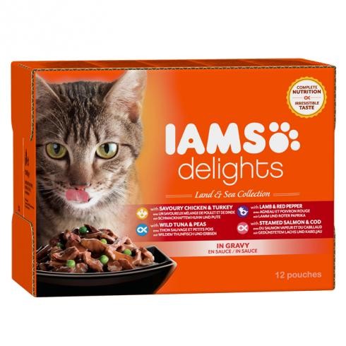Iams Cat Delights LAND IN GRAVY multipack, többféle íz, ízletes szószban 12x85g
