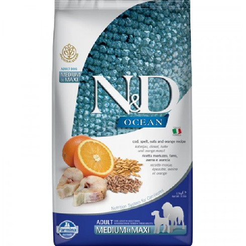 N&D Dog Ocean tőkehal tönköly zab narancs adult medium maxi 2.5kg