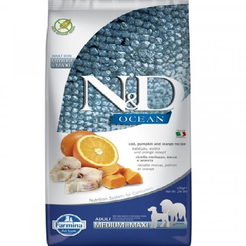 N&D Dog Ocean tőkehal, sütőtök&narancs adult medium/maxi 12kg ingyenes szállítás