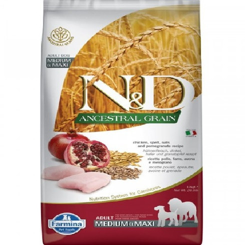 N&D Dog Ancestral Grain csirke, tönköly, zab&gránátalma adult medium&maxi 12kg ingyenes szállítás