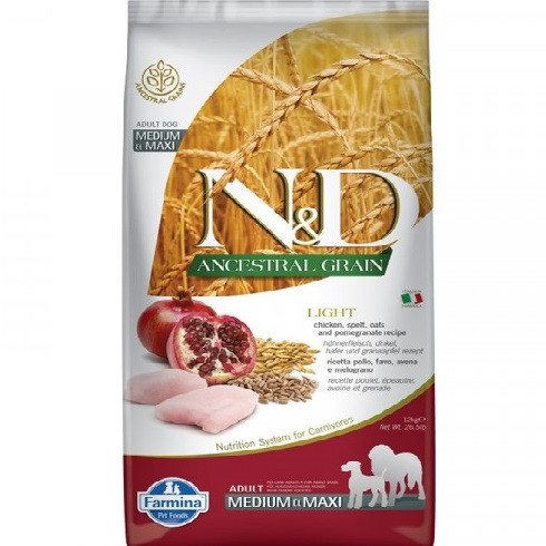 	 N&D Dog Ancestral Grain csirke tönköly zab gránátalma adult light medium maxi 12kg